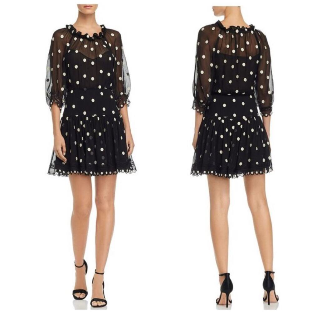 Rebecca Taylor 100% Silk Polka Dot Mini Dress Size 6 Black Aline Chic Classic